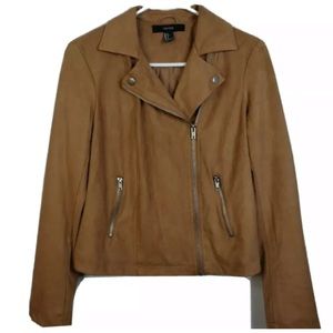 Forever 21 Faux Suede Moto Motorcycle Jacket Sz S Brown Beige Tan Zipper Zip Up